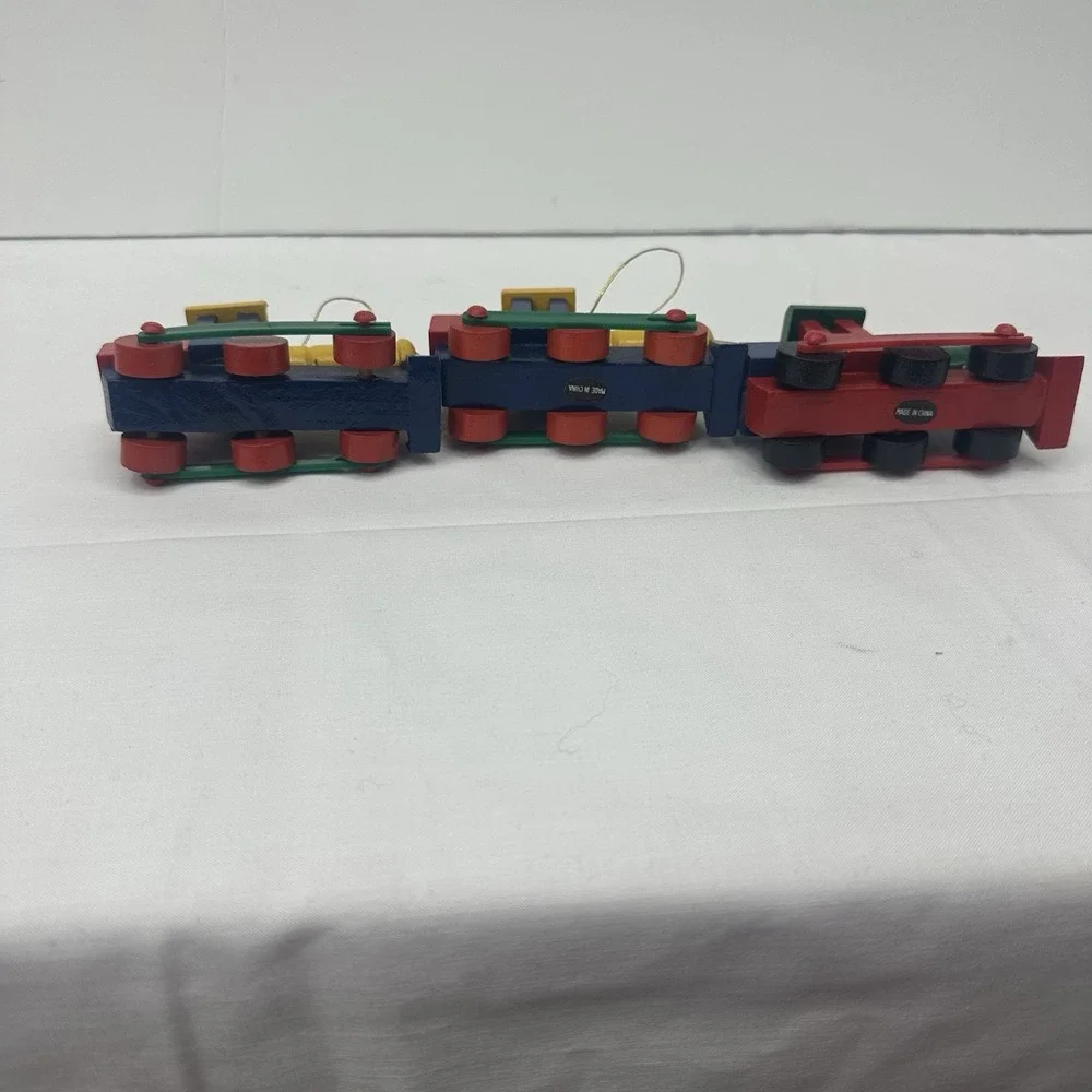 Lot / 3 Old-School Wood Block Locomotive Train Christmas Ornament Rolling Wheels